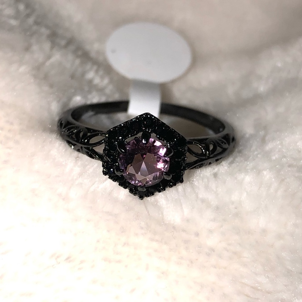 Black band, lavender & black crystal ring sz 9